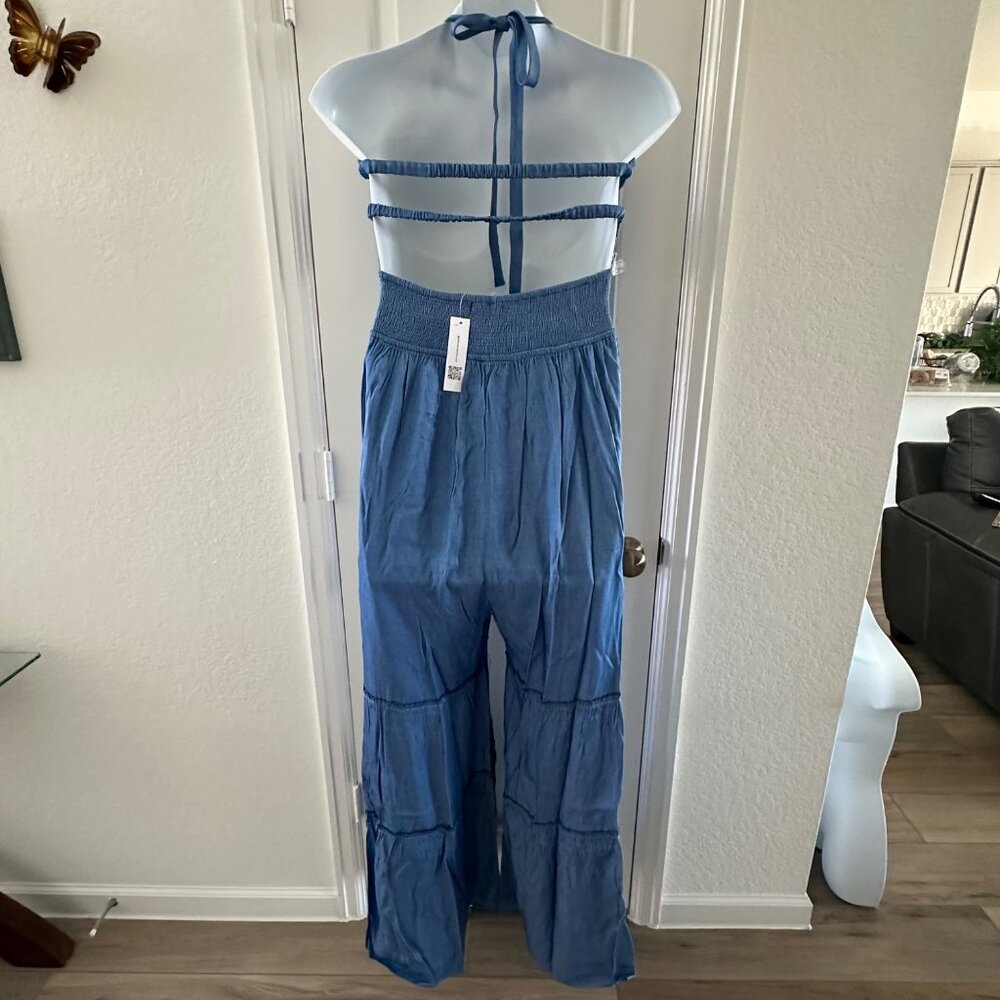 Blue Halter Neck Smocked Jumpsuit With Open Back & Wide Leg Pant For Size 2X - Picture 5 of 14